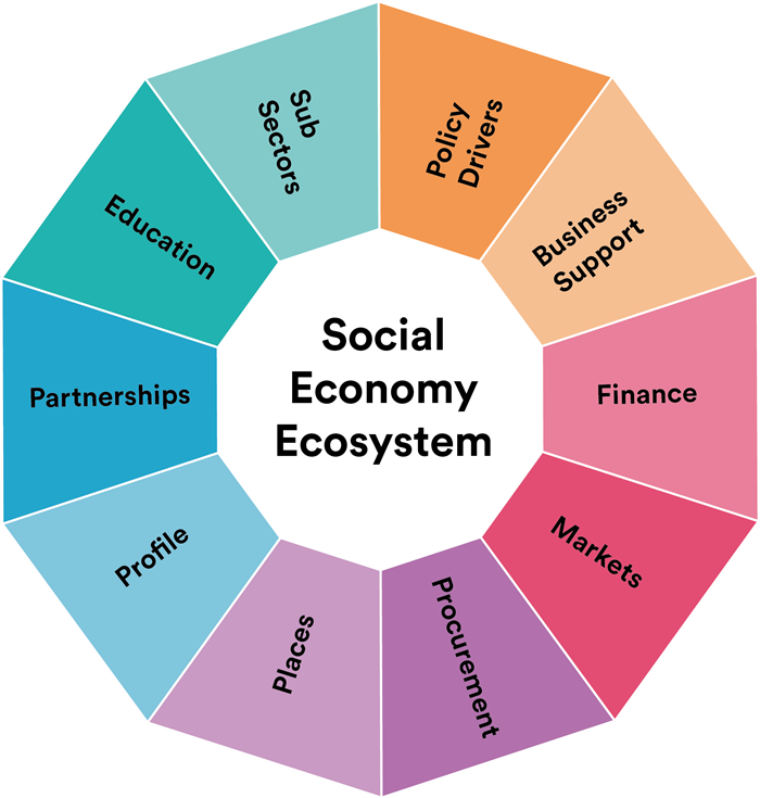 Graphic showing the different elements of the Social Economy Ecosystem