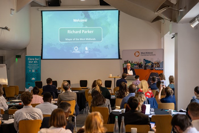 An image of Richard Parker, Mayor of the West Midlands addressing attendees at the West Midlands Air Quality Conference.