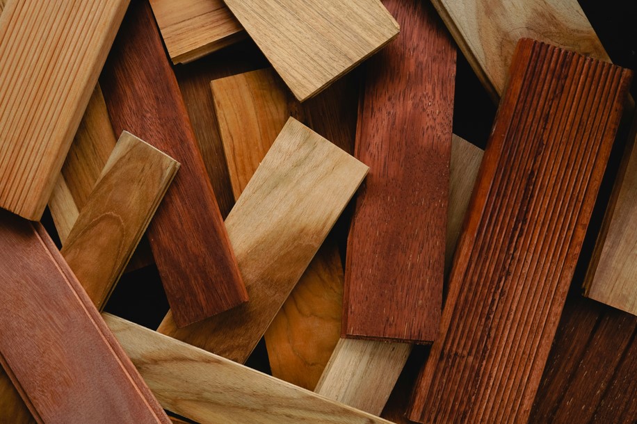 A pile of various pieces of wooden decking