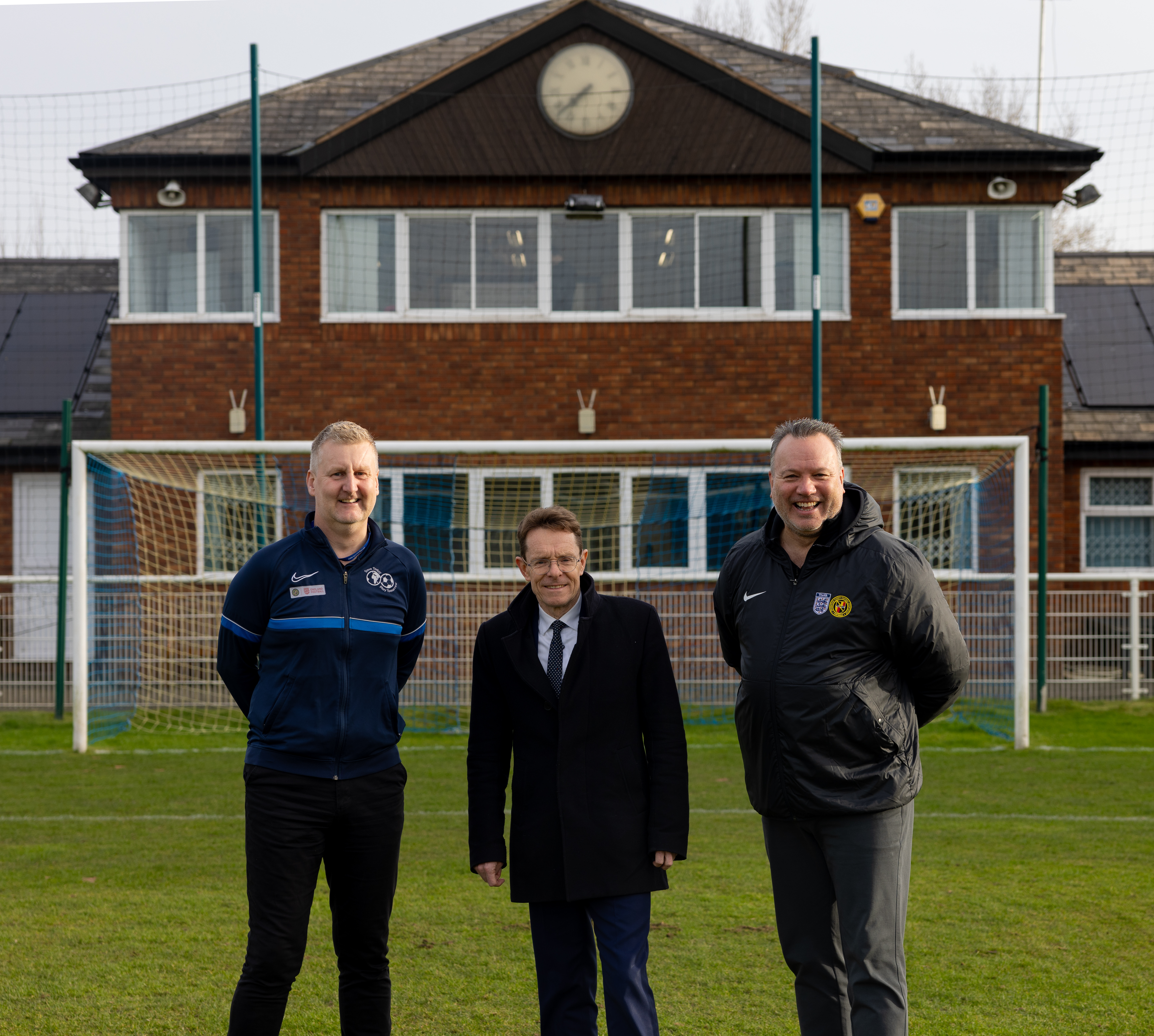 Andy Street, Mayor of the West Midlands and chair of the WMCA, with Richard Lindsay, sustainability and business insights manager, and Kevin Shoemake, chief executive, at Birmingham County FA which has been given £25,000 for its Save Today, Play Tomorrow Carbon Literacy for Grassroots Football project.