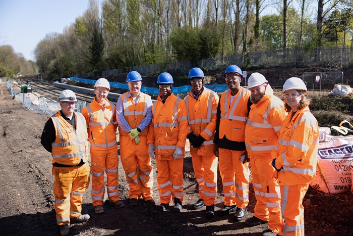 The visit to Pineapple Road. From left: Mick Hutchinson, Connor Goodwin-Tindall (both Volkerfitzpatrick), Prof Clive Roberts (University of Birmingham), Oneil Josephs, Dr Paul Campbell, Dwaine Hibbert (all Utech, Jamaica), Liam Brooker and Caroline Parmenter (both WMRE/TfWM)