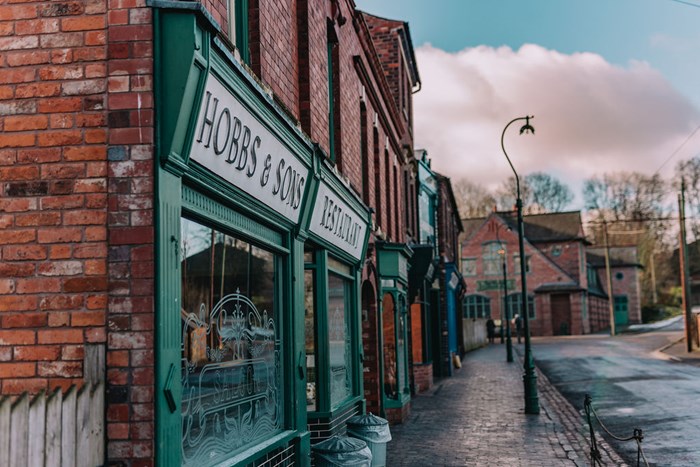 An image of Hobbs & Sons restaurant situated on an old fashioned street within The Black Country Living Museum