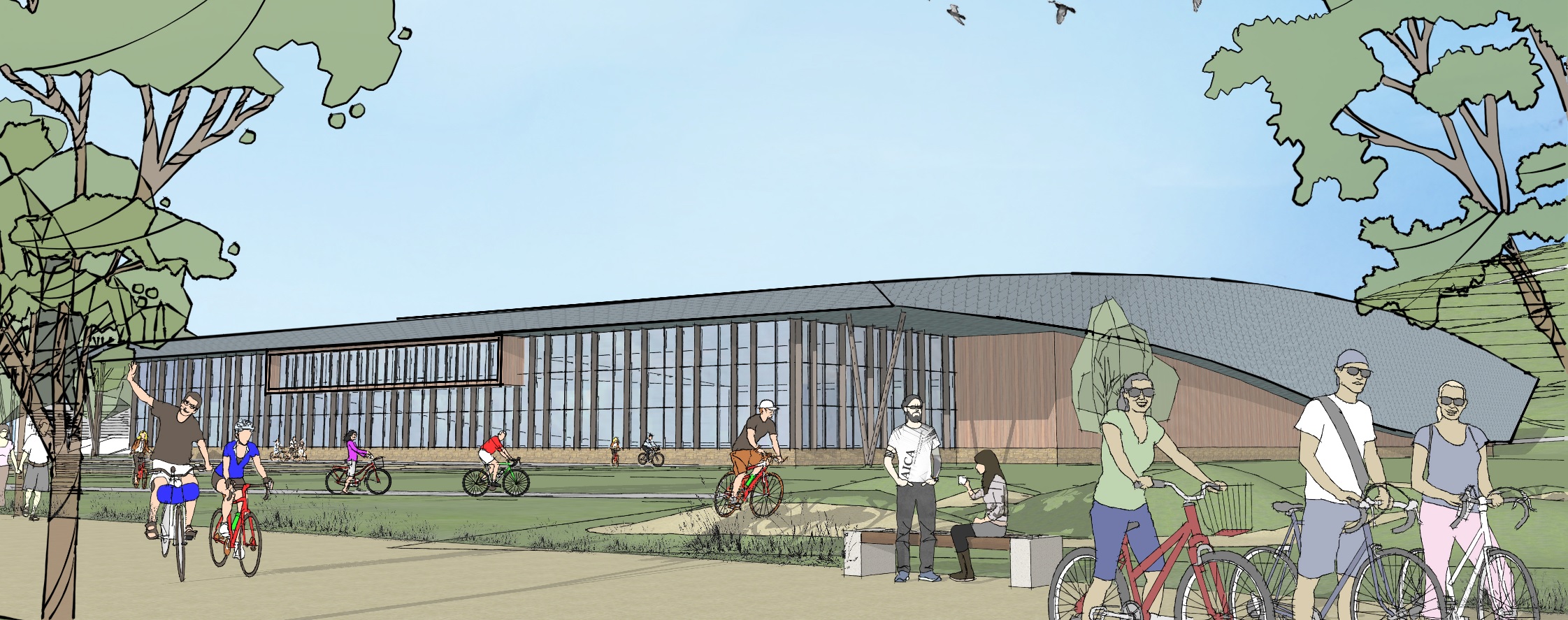 A concept sketch of a multi-use cycling centre as recommended in the Cycling Infrastructure Business Case.