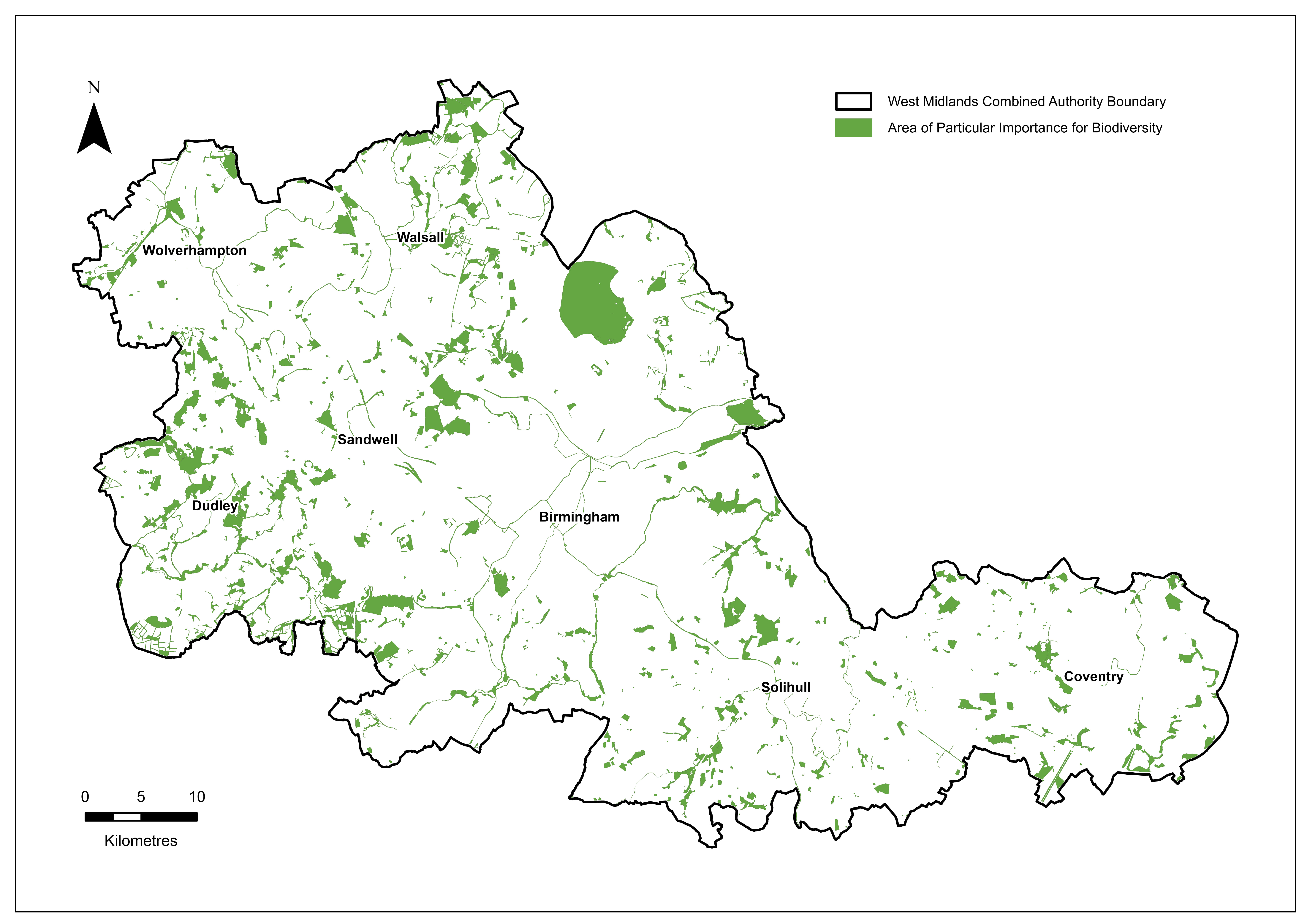 Map of West Midlands showing areas of particular importance for biodiversity in green within regional boundaries