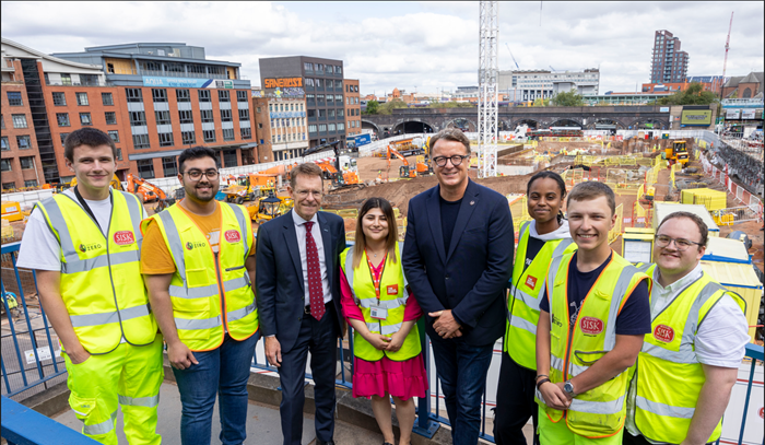 Left to right: Thomas Shirley, Nauman Chickley, Andy Street, Mayor of the West Midlands, Sairan Mohammadi, James Blakey, Planning Director, Moda, Tyan Lynvest, Samuel West and Harry Davies at the Great Charles Street development site