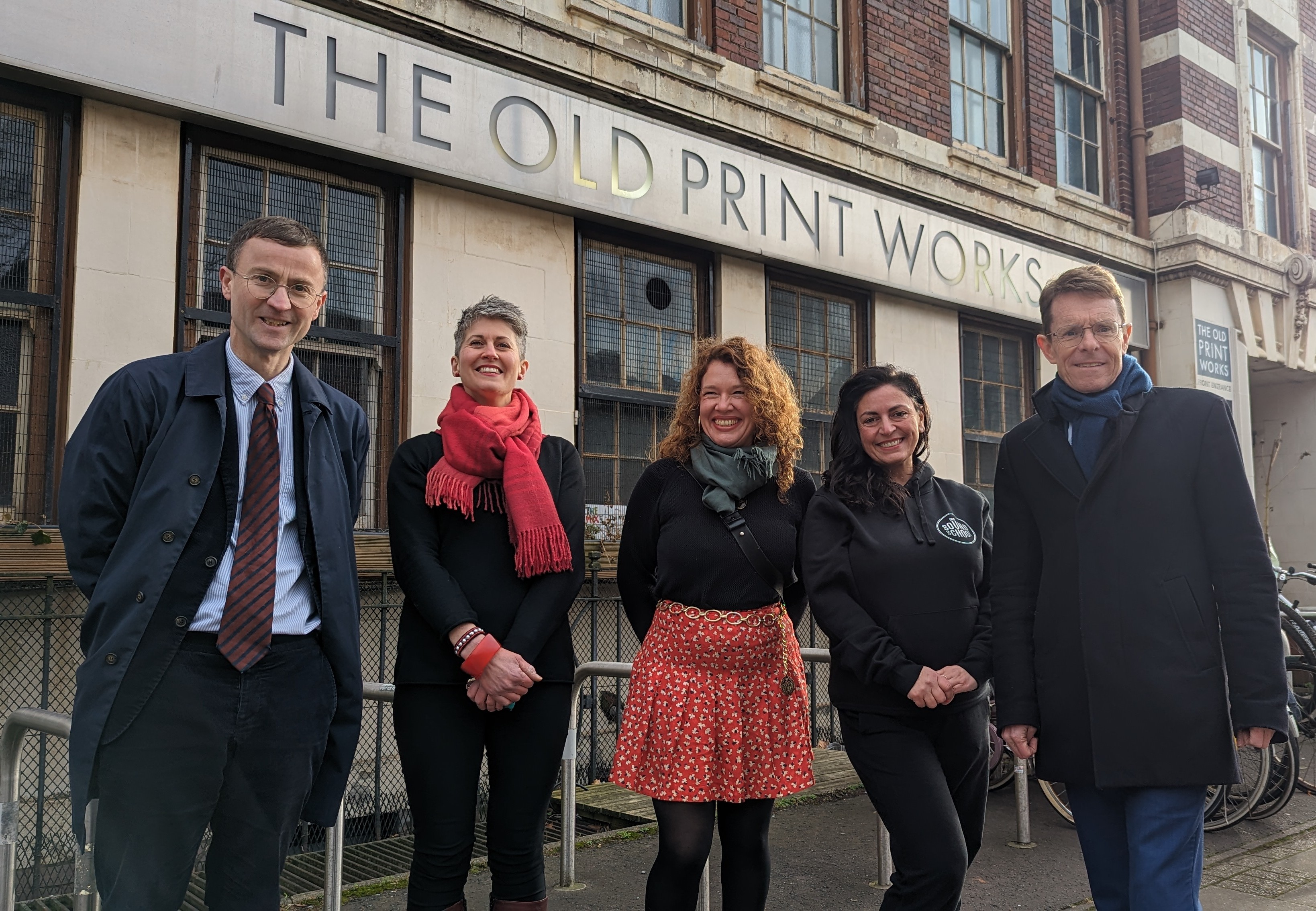 Matthew Mckeague, chief executive of the Architectural Heritage Fund and a member of the WMCA Heritage Taskforce, Hannah Greenwood, interim chief executive of Make It Sustainable, which runs The Old Print Works, Hannah Warwick from sustainable fashion brand Hulahan and Huda Arnout, from The Sound School, who are both based at The Old Print Works, and Andy Street, Mayor of West Midlands and WMCA chair.