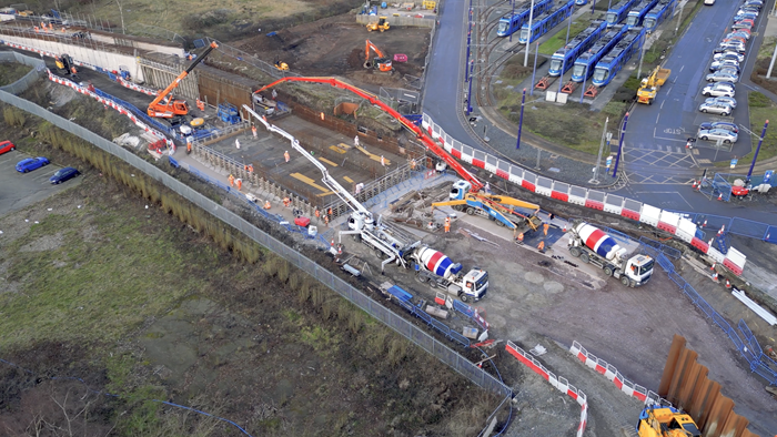 Ariel shot of new Metro line construction and concrete mixers