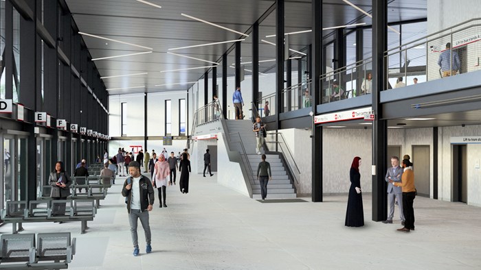 internal design image shows open concourse with people milling about and large stairway to mezzanine floor above.