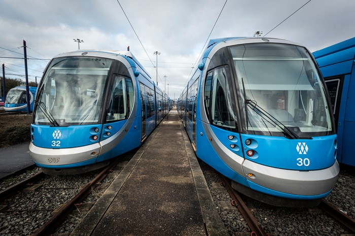 West Midlands Metro trams at the depot in Wednesbury