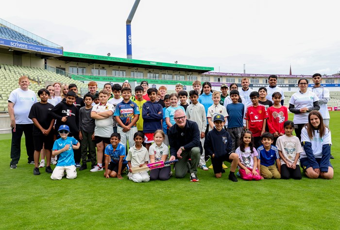 Mayor Richard Parker and young people and volunteers at Edgbaston Cricket Ground for Skills Blast event