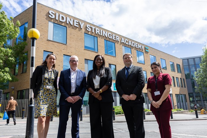 West Midlands Mayor Richard Parker with Claire Turpin, CEO of Sidney Stringer Multi Academy Trust, Government Minister Miatta Fahnbulleh, Andrew Walls, vice principal and year 12 student Jasmine.