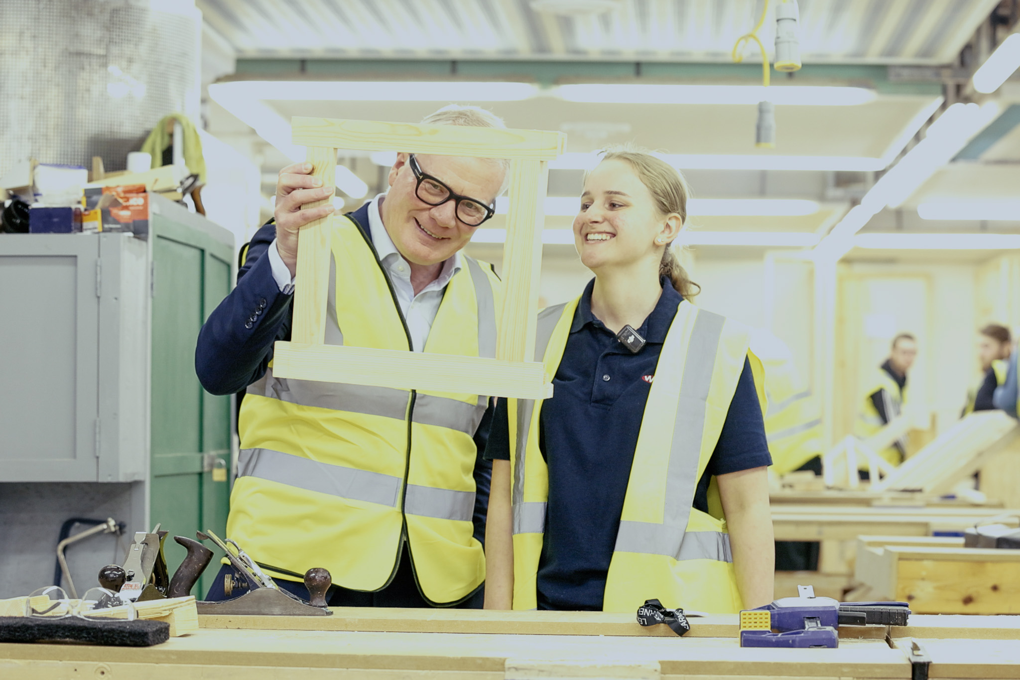 Mayor Richard Parker with architectural joinery apprentice Fiona Watkins at Dudley College