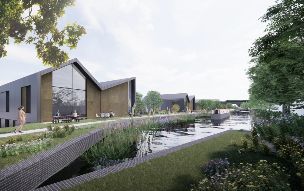 A CGI image of multiple waterside buildings with large windows along a canal path