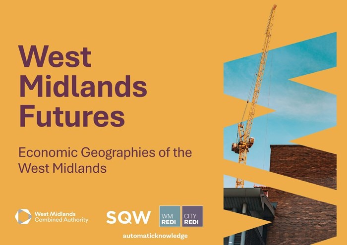 West Midlands Futures: Economic Geographies of the West Midlands cover page with image of crane behind WMF stencil