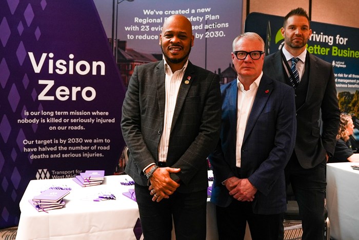 Mark Corbin, TfWM's director of network resilience (left), Richard Parker, Mayor of the West Midlands and Supt. Gareth Mason of West Midlands Police at the National Road Safety Conference