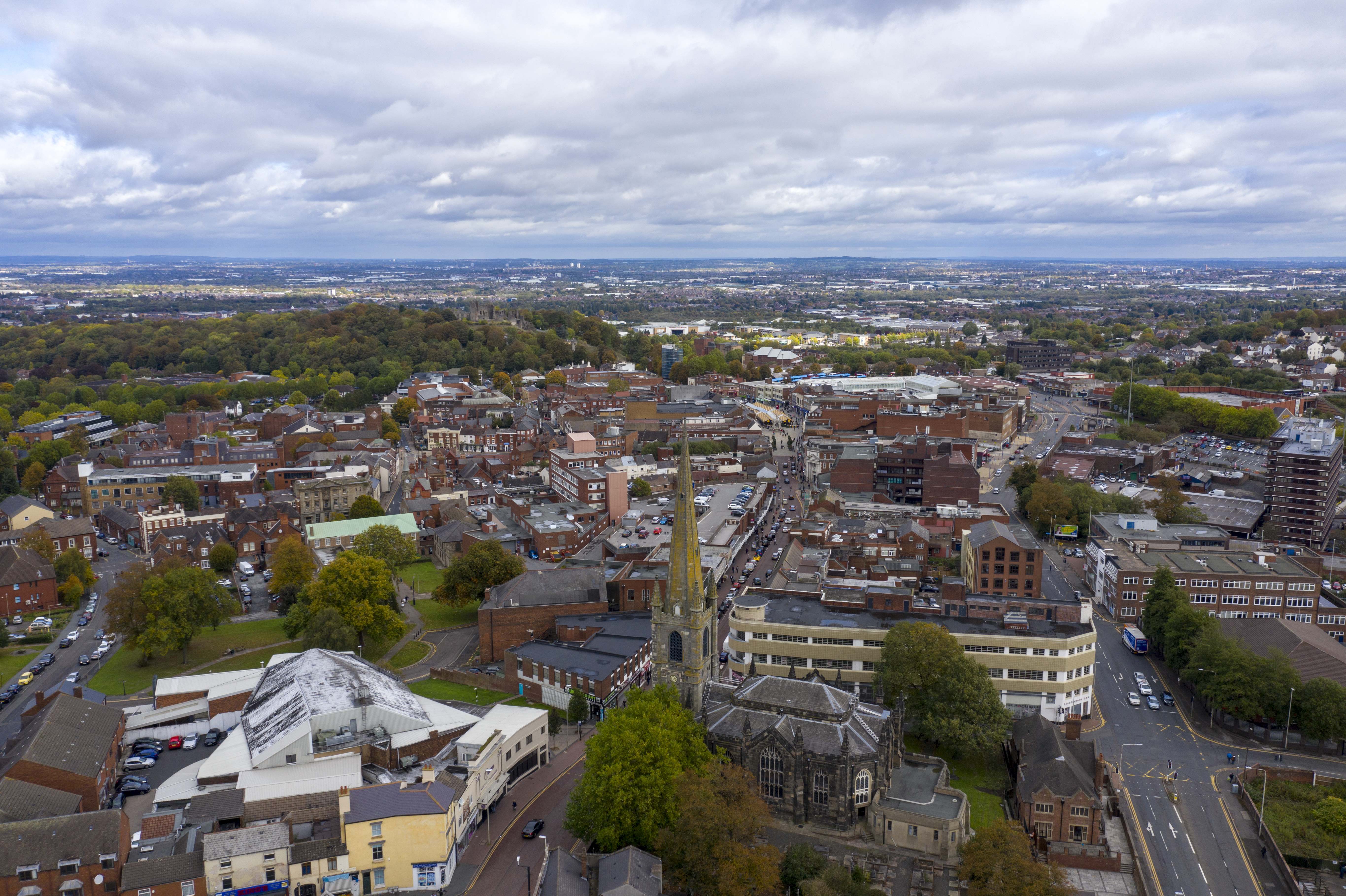 Dudley town centre skyline including church spire and collections of office buildings