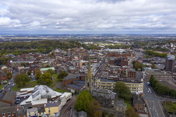 Skyline of Dudley tonw centre showing Church spire and collections of buildings