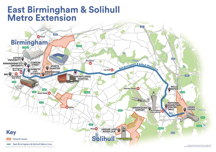 A graphic that shows the proposed route of the East Birmingham and Solihull Metro extension. Icons symboling the buildings themselves appear at points along the route. From left to right these include Aston University, Birmingham City University, Curzon Street Station, Digbeth Loc. Studios, Birmingham City FC, Sports Quarter, Heartlands Hospital, Rolls Royce, Birmingham Airport, NEC and Arden Cross