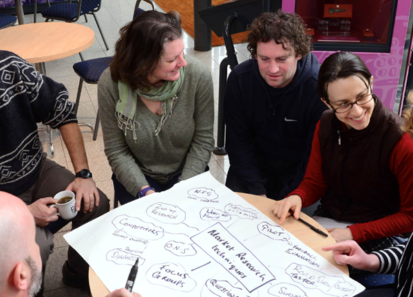 A group of people sitting around during a brainstorming session