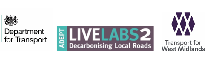 Logos for Department for Transport, Adept Live Labs 2 and transport for West Midlands