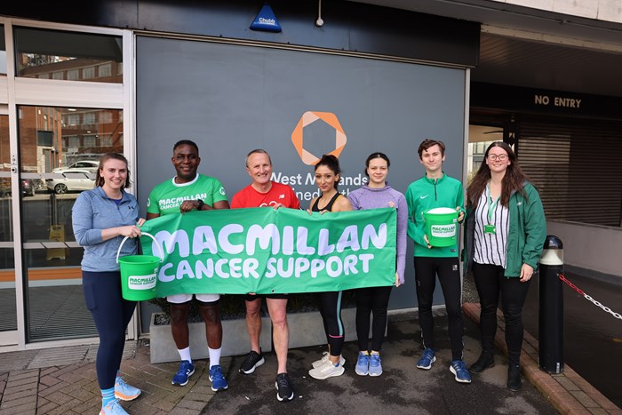 Team WMCA runners Anna Humphreys, Kwabena Osayande, Simon Hall, Priya Thakur, Aysha Bateman and Rob McGrath, with Megan Hayman-Tansley, Macmillan’s partnership fundraising relationship manager.