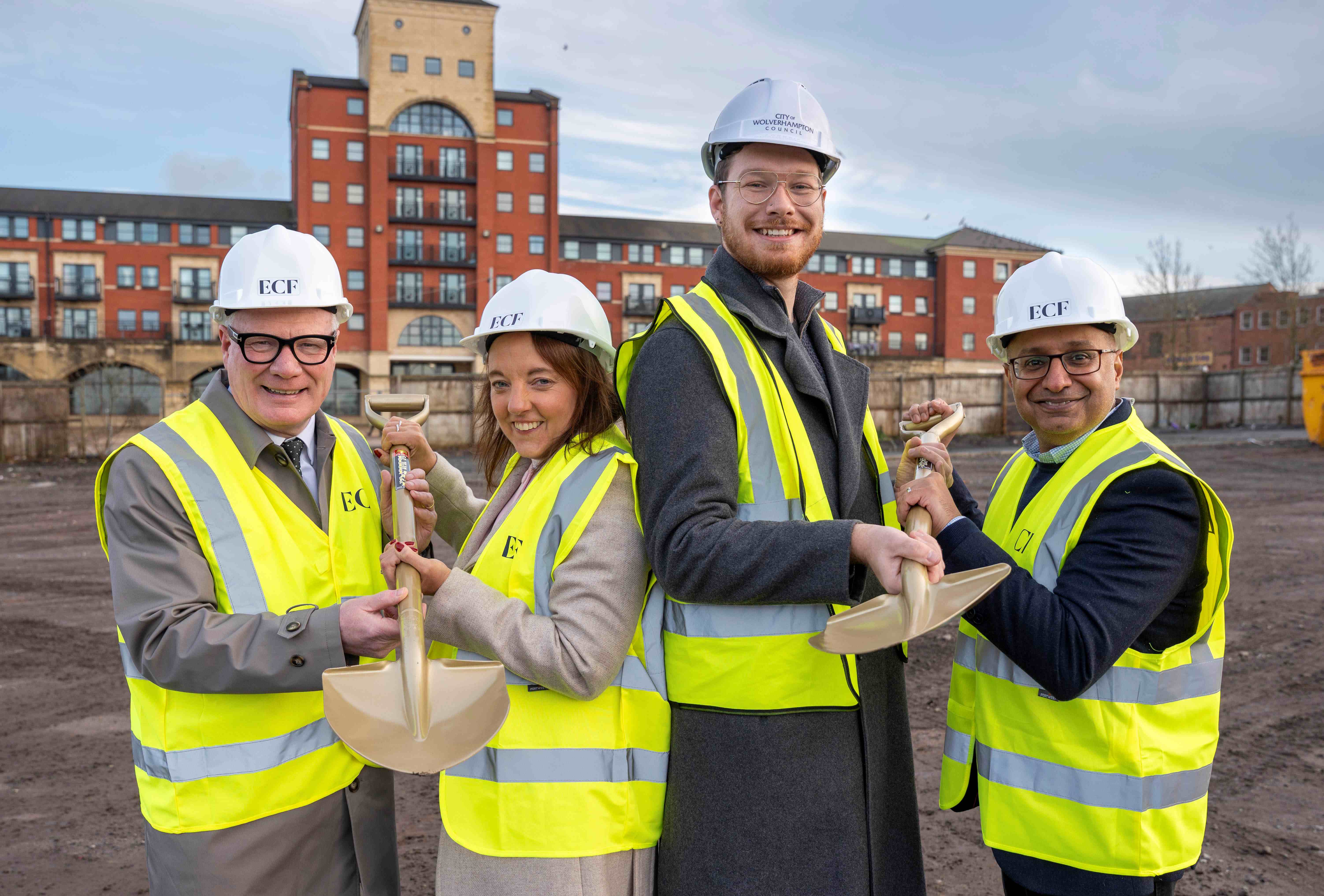 (L-R): Richard Parker, Mayor of the West Midlands, Maggie Grogan, Muse - Managing Director Midlands, Cllr Chris Burden, City of Wolverhampton Council, and Basit Ali, Muse Development Director, at the Smithgate phase one site