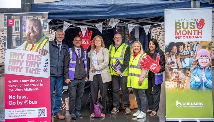 Pete Bond, Kulwant Bansal, Laura Shoaf CBE, Stephen Holloway, Helen Osborn and Chanjeet Bahra at Coventry's Catch The Bus Month event