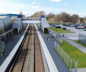 CGI Image of train station with two platforms, an overpass and car park.