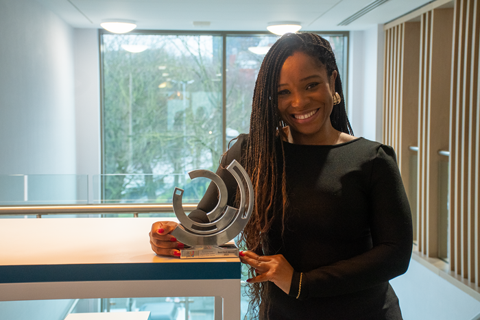 Entrepreneur Kameese Davis whose pitch for investment for her hair care products business won her the Minerva Birmingham Pitch Up contest at the Venturefest WM 2023 festival of innovation