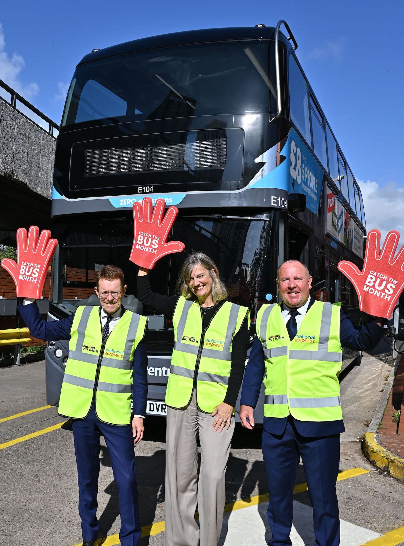 Andy Street, Alex Jensen and Cllr Jim O’Boyle celebrate 130 National Express Coventry zero emission buses operating in Coventry as part of the All-Electric Bus City project
