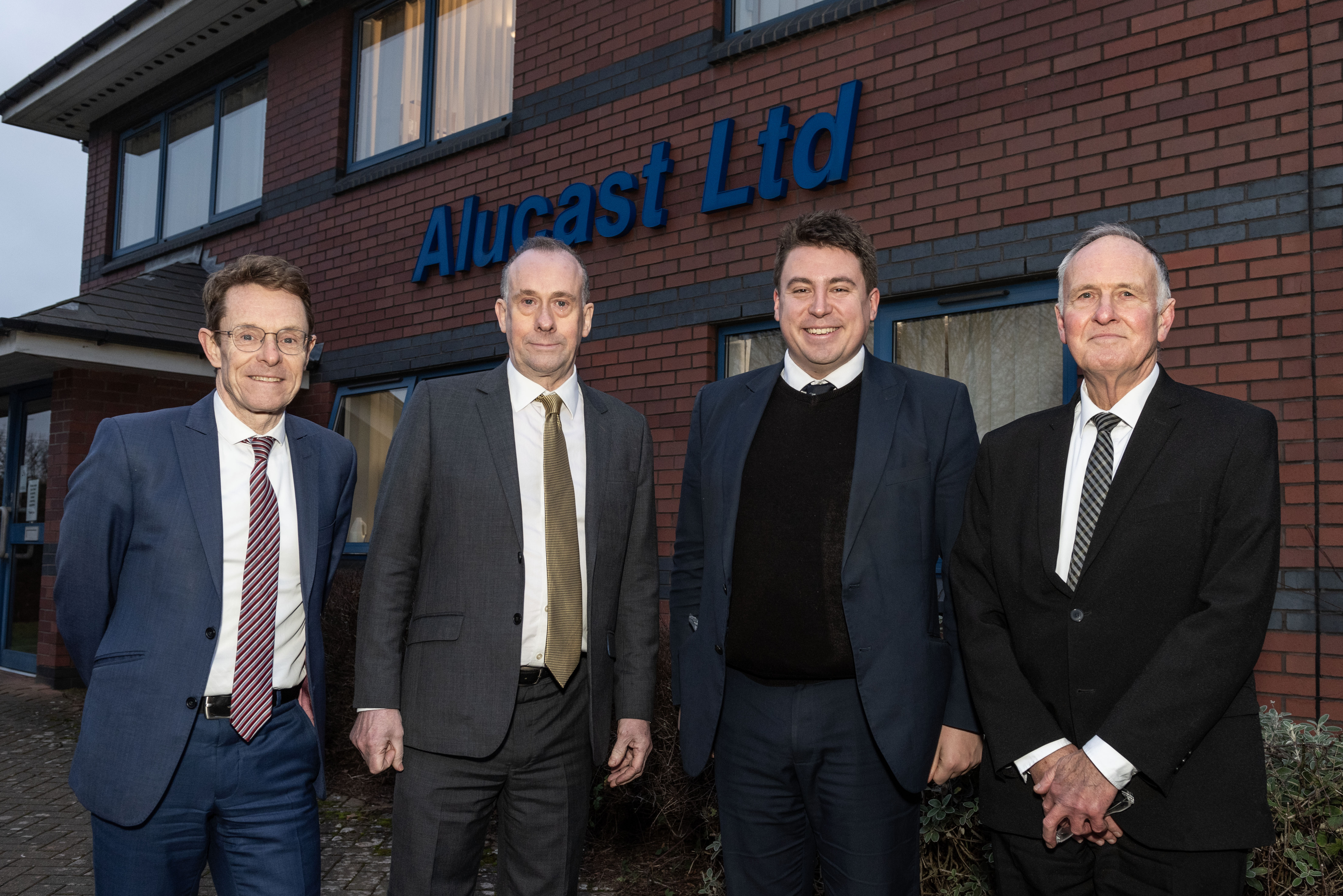 Mayor Andy Street, Lord Callanan, Minister for Business, Energy and Corporate Responsibility, West Bromwich West MP Shaun Bailey and West Midlands and Alucast Chairman Tony Sartorius standing outside the Alucast premises in Wednesbury