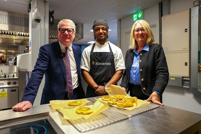Mayor Richard Parker, Kundai Nazare, apprentice commis chef, Compass group UK & Ireland and Rt Hon Baroness Jacqui Smith of Malvern, Skills Minister