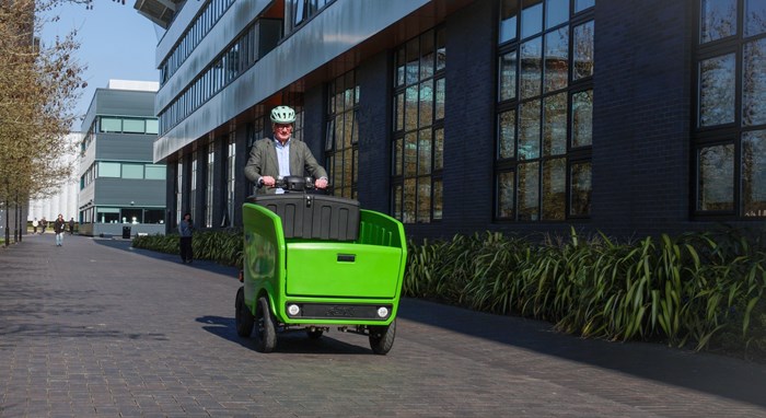 Mayor Richard Parker behind the wheel of the Stuyf pickup which is one of the low-speed electric vehicles being trialled at the University of Warwick campus.