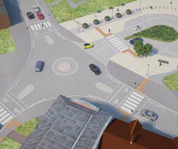 CGI Image of a roundabout with multiple cars cross it