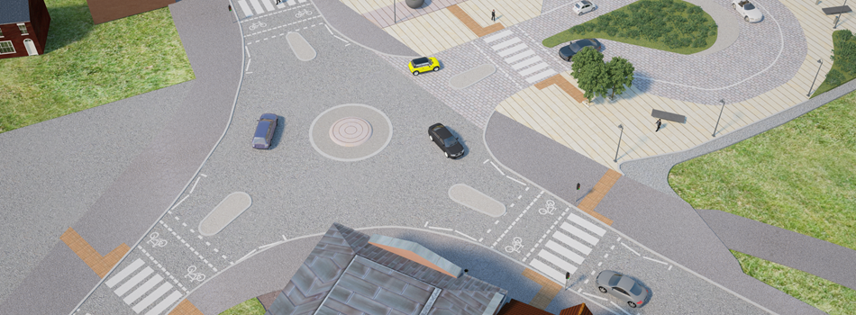 CGI Image of a roundabout with multiple cars cross it