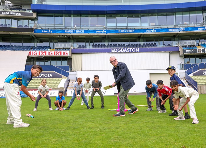 Mayor Richard Parker and young people at Edgbaston Cricket Ground for Skills Blast event
