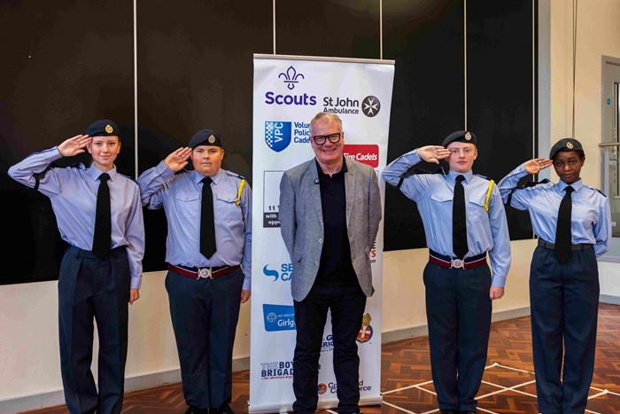 Richard Parker, Mayor of the West Midlands with Air Cadets (from left) Mollie Di-Franco, Adrian Cervenka, Jack Price and Joanna Oladokun