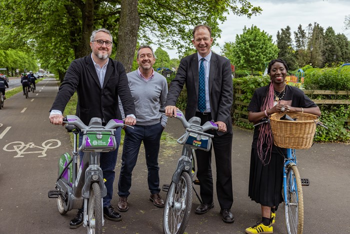 Adam Tranter, Chris Boardman, Jesse Norman and local resident Eve on the Binley Cycleway in Coventry