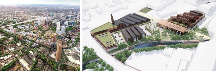 CGIs of Birmingham Knowledge Quarter, left, and Wolverhampton Green Innovation Corridor, right.