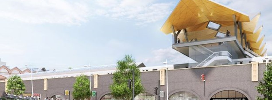 CGI image of Moor street station a multi-story building and concourse