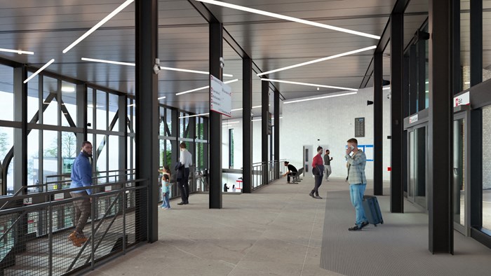 Design image shows view from the mezzanine floor with people waiting while large windows show buses waiting outside.