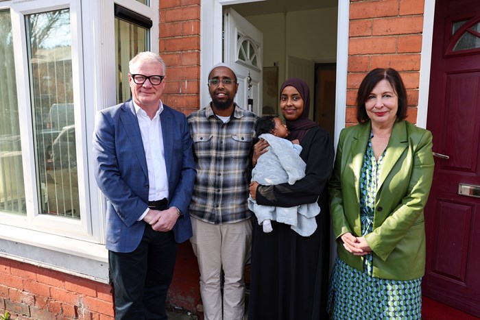 Richard Parker (left), Mayor of the West Midlands with Abdikadir and Ruqia Ali, their two-month-old son Zakariya and Cllr Jayne Francis, Birmingham City Council’s cabinet member for housing and homelessness