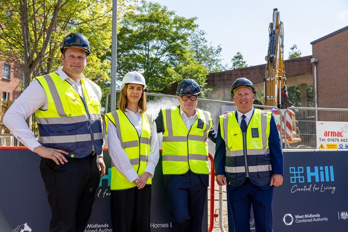 From left: Stuart Bale from Hill Group, Kelly Grealia of Homes England, Richard Parker, Mayor of the West Midlands and Cllr Jim O'Boyle of Coventry City Council