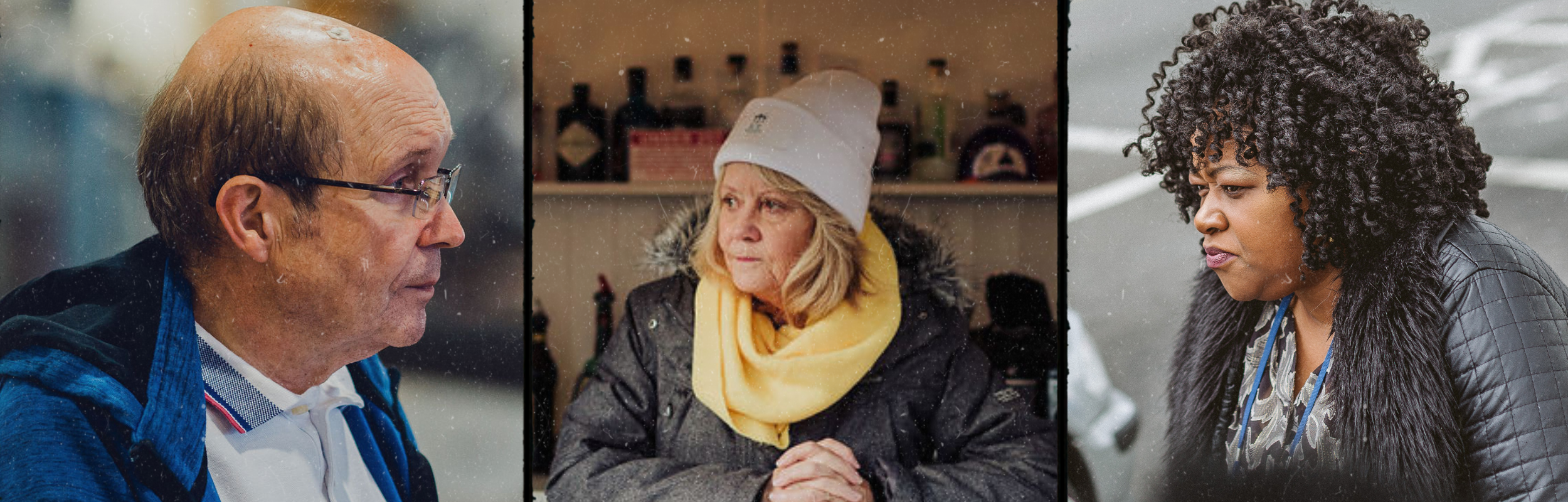 The image is a composite showing firstly a man with glasses looking to his right, then in the centre a woman in a woolly hat and scarf looking to her right and then the right hand side is a woman with a pensive look on his face looking right