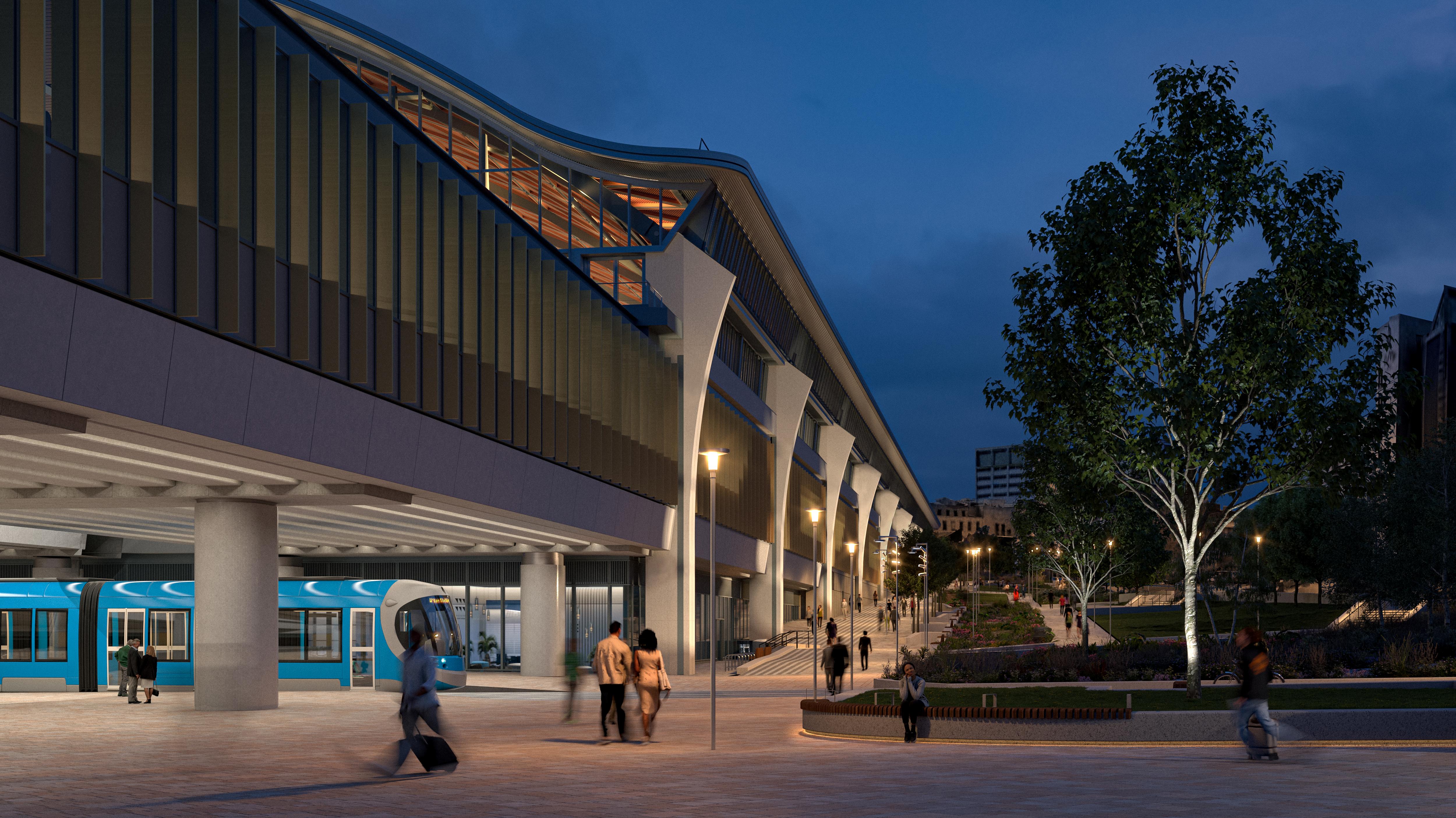 Artists design image of the elevated Curzon Street station with a blue West Midlands Metro tram passing underneath