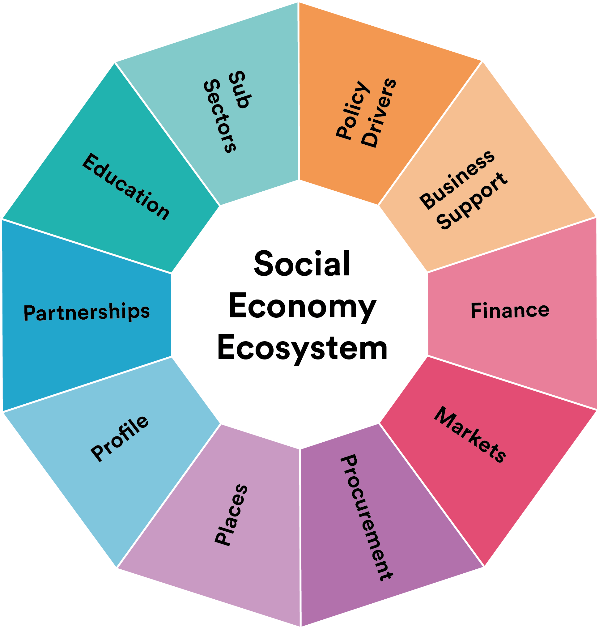 Graphic showing the different elements of the Social Economy Ecosystem
