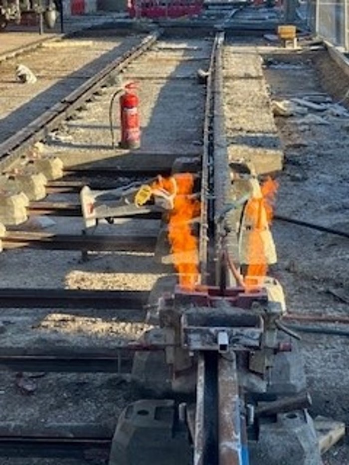 Metro track being welded into place on Castle Hill, Dudley