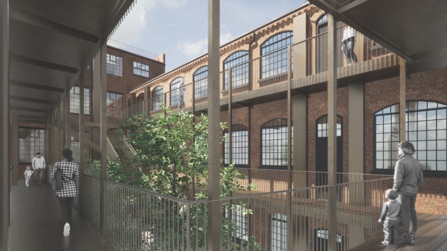Concept CGI showing the planned Button Works development with walkways, metal railings, large industrial-style windows, and trees in a central courtyard.