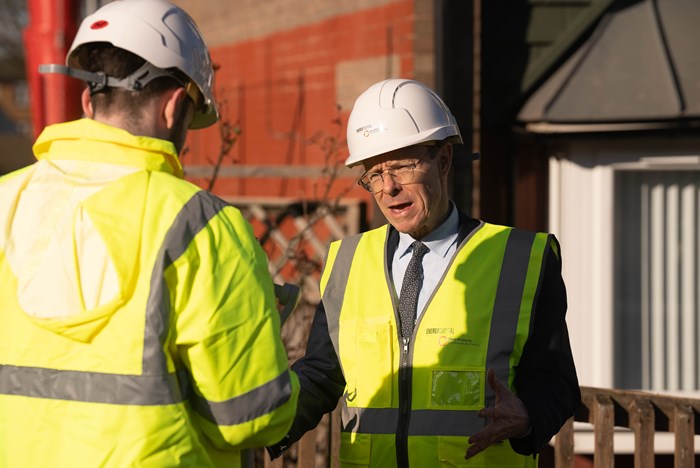 Andy Street at Cape Hill Estate in Smethwick where work is already underway to retrofit social homes with better insulation, and new windows and doors.