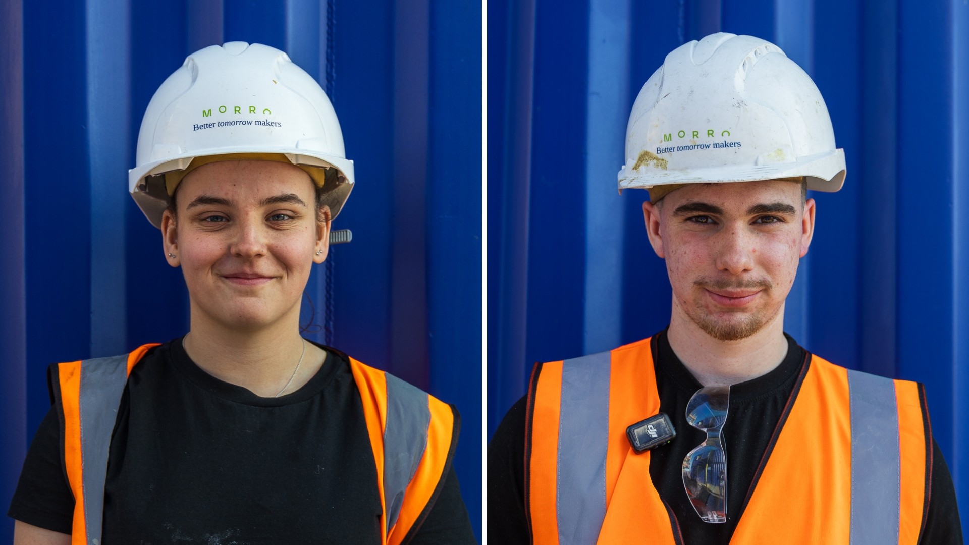 Head and shoulders pictures of two young people in orange high-vis vests and white construction hard hats.